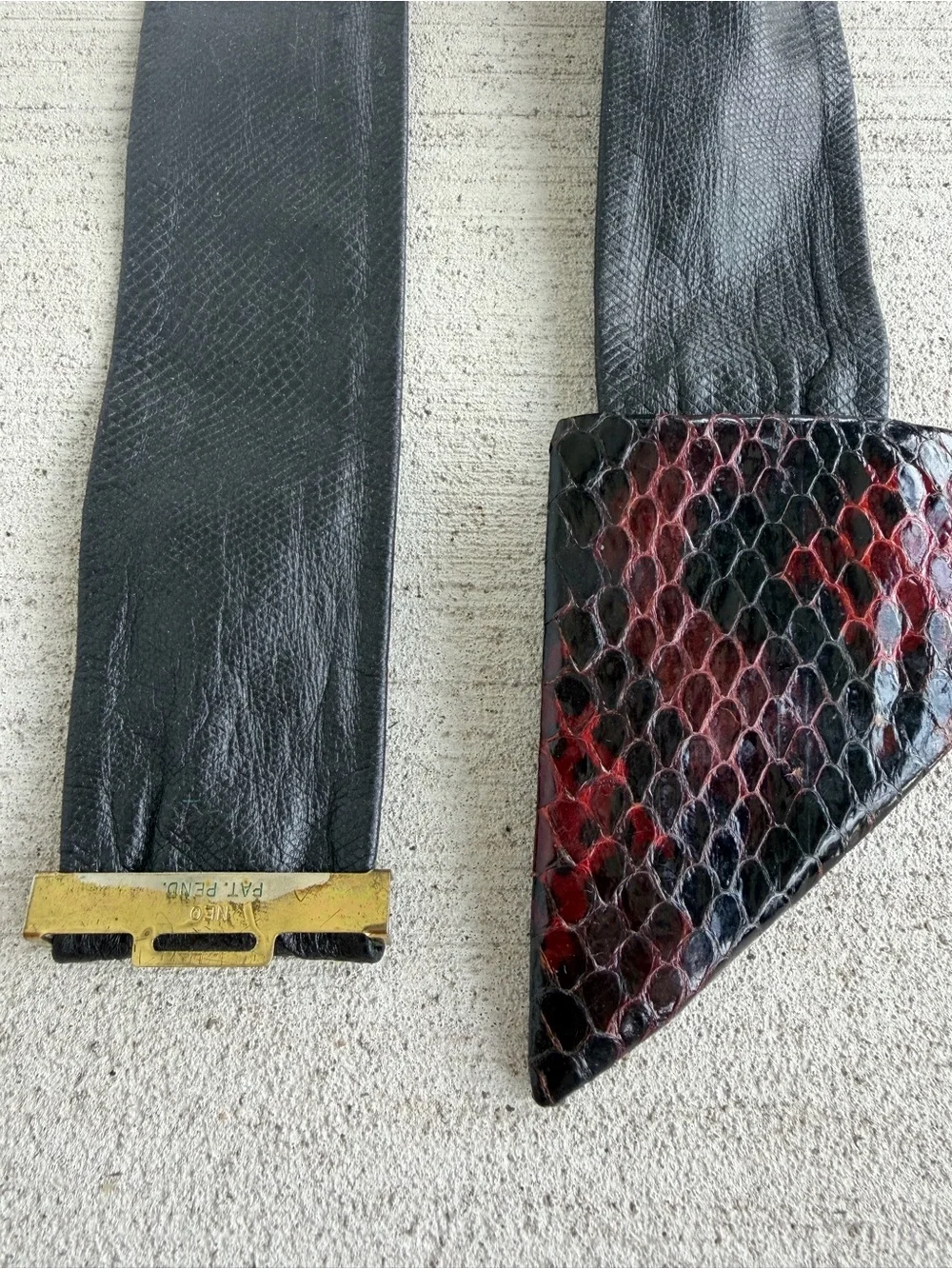 Vintage Wide Leather Stretch Belt with Genuine Snakeskin Buckle Black Burgundy